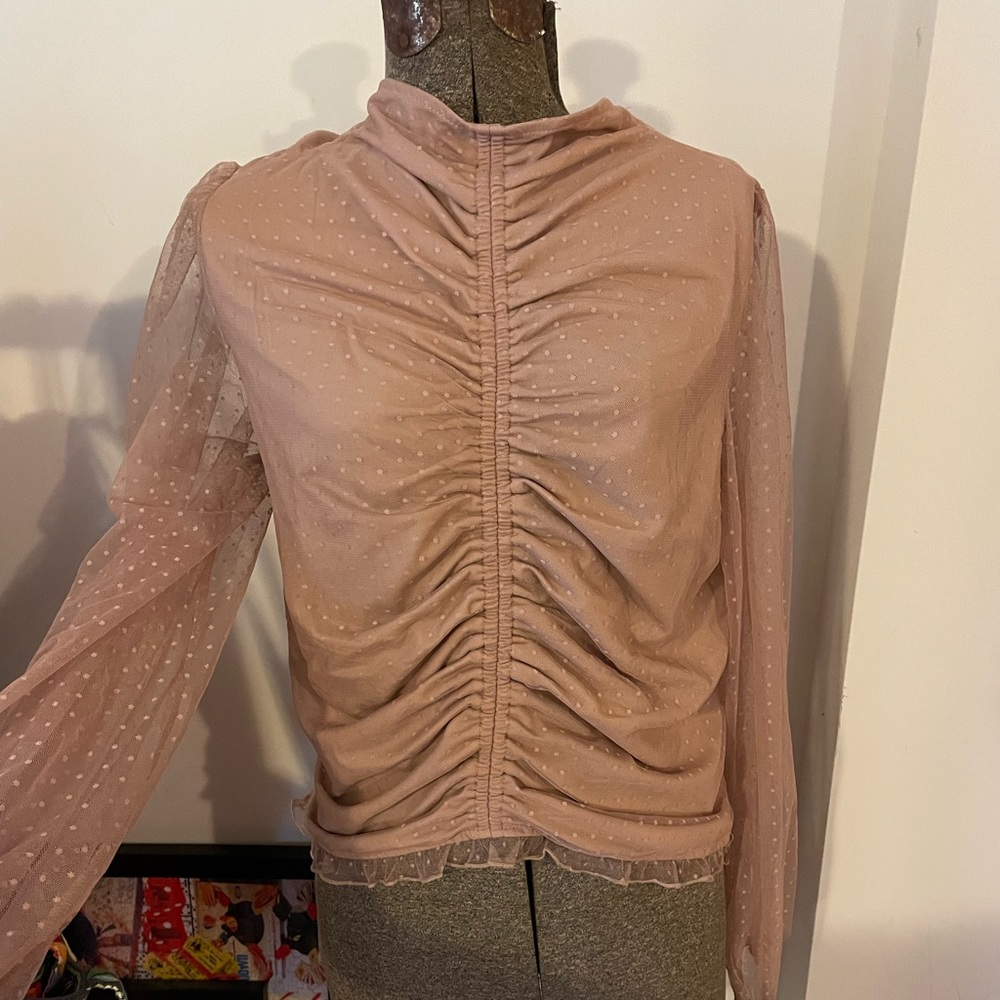 Chic Ruched Blouse with Sheer Sleeves from Anthropologie